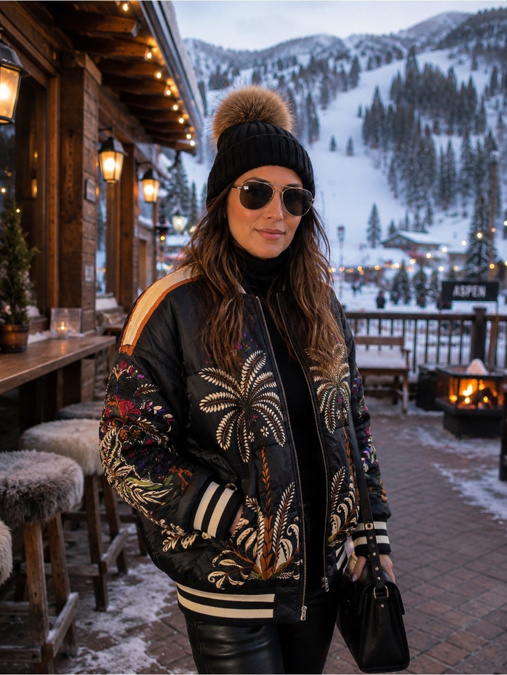 FARM Rio Black Double Faced Quilted Bomber with Floral & Palm Embroidery